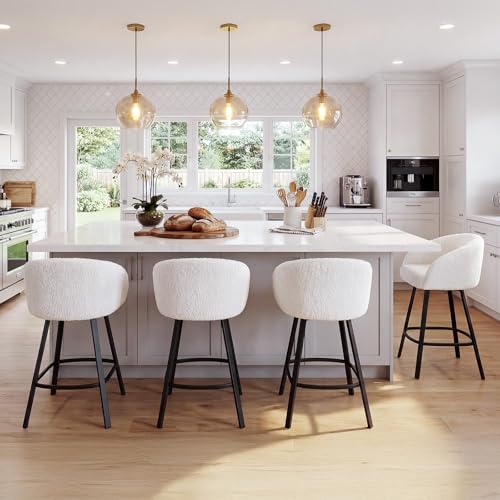 Image of Zesthouse White Swivel Counter Stools Set of 4, Barrel Counter Height Barstools for Kitchen Island, 26'' Modern Kitchen Counter Stools with Arms & Back, Upholstered Sherpa Fabirc Bar Chairs with Legs