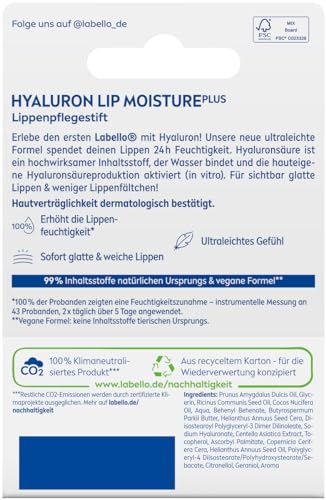 Labello Lippenpflegestift mit Hyaluronsäure für 24h Feuchtigkeit, Lippenbalsam mit ultraleichter Textur, Lippenpflege für weiche Lippen, Hyaluron Lip Moisture Plus (5,2 ml)