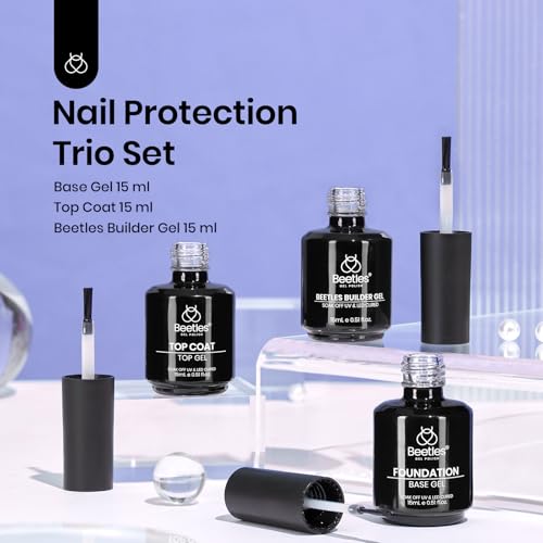 Image of Beetles 3Pcs 15ml Builder Nails Gel with No Wipe Top Coat and Base Coat Set, Nail Extension Strengthening Nail for UV LED Lamp, Soak Off Gel Nail Polish for Nail Art