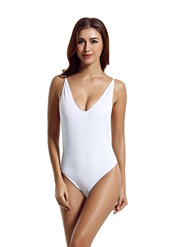 zeraca Women's High Cut Thin Strap One Piece Monokini Swimwear (S6, White)