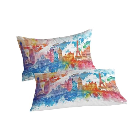 Housse de couette microfibre architecture aquarelle parure de lit 3 pièces imprimée 3D
