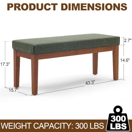 Image of 43.5 inch Upholstered Faux Leather End of Bed Entryway Bench, Olive Green | Padded upholstered bench with solid wood legs, ideal for entryway, dining room, bedroom, vanity area, or living room.
