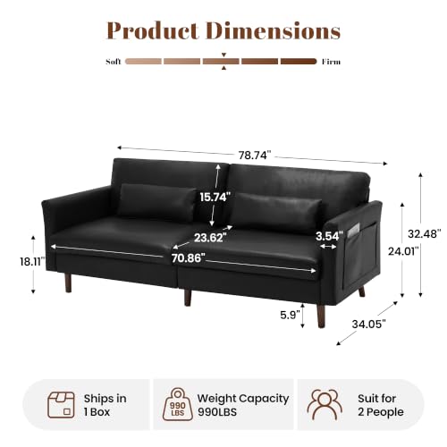 Image of Kingfun Faux Leather 3-Seater with Side Pocket, Black