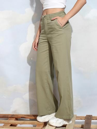 Image of Tokyo Talkies Pure Cotton Flared Wide Leg Trousers | Mid-Rise with Side Pockets|Casual Pants