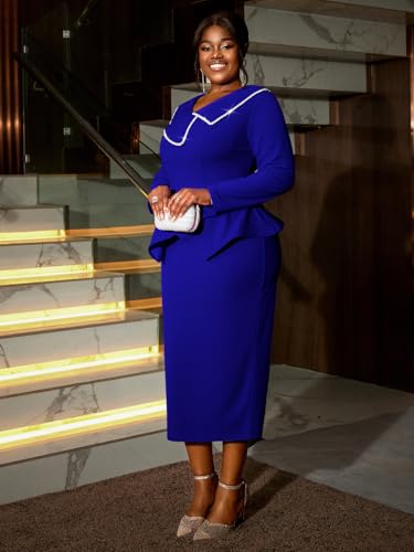 AOMEI Womens Pearl Lapel V Neck Long Sleeve Peplum Bodycon Pencil Business Dress Church Midi Hide Belly Dresses for Women4