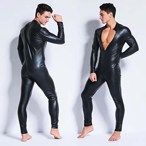 Panegy Men's Faux PU Leather Jumpsuit Shiny Leather Bodysuit Pole Dance Leotard Adult Onesie Singlet2