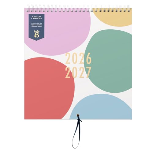 Busy B Family Wall Calendar   Mid Year Calendar Aug '26   Aug '27 – Multi Spot Design – For Busy Families with 5 Columns, Storage Pockets, Ribbon Hanging Loop & Colour Coded Stickers   25.5 x 23.5cm