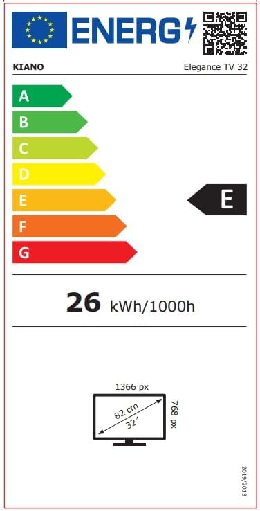 Energy efficiency label for the KIANO Elegance TV 32, showing energy class E and consumption of 26 kWh per 1000 hours.