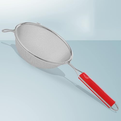 Image of Unify 1 Pieces Stainless Steel Soup & Juice Strainer /Liquid Filter for Kitchen Use, Large Soup Chalni with Red Handle, Rice & Juice Use (Size-8, Dia-21cm, Set of 1, Silver)