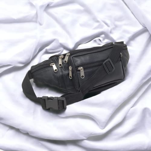 RAS-Unisex-Black-Leather-Large-Travel-Money-Pouch-Waist-Bum-Bag-Adjustable-Belt-Strap-1006-Black