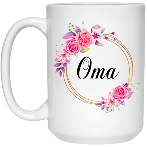 JOJIUART GavinsDesigns Oma Flower Novelty Coffee Mug - Pink Flowers on Gold Frame - 15oz Ceramic Microwave Safe Mug for Mother's Day or Birthday