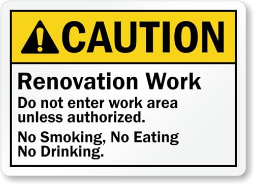 Under Construction ANSI Caution Sign: Renovation Work No Smoking/Eating (II) Man Cave Garage Shop Bar Restaurant Home Decor Metal Sign, 12" x 8"