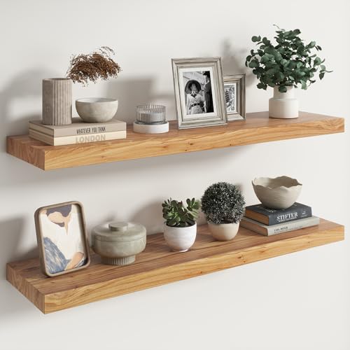 Image of RICHFOCUS Elm Floating Shelves for Wall - 40 inch W x 9.3 inch D Rustic Solid Wood Shelves with Invisible Bracket, Wall-Mounted for Living Room, Bedroom, Kitchen Storage & Display, Set of 2, Natural
