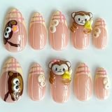 Cute 3D Monkey and Banana Press On Nails with Pink Plaid French Tips and Cartoon Charm Details