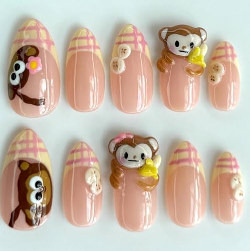 Plaid Monkey & Bear Press On Set, Medium Almond Playful Nails, 3D Banana & Flower Design, Handcrafted Cute Fake Nails