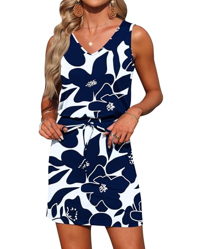 Image of AUSELILY Womens Summer Sleeveless V-Neck Drawstring Waist Beach Cover up Mini Short Swing Dresses with Pockets