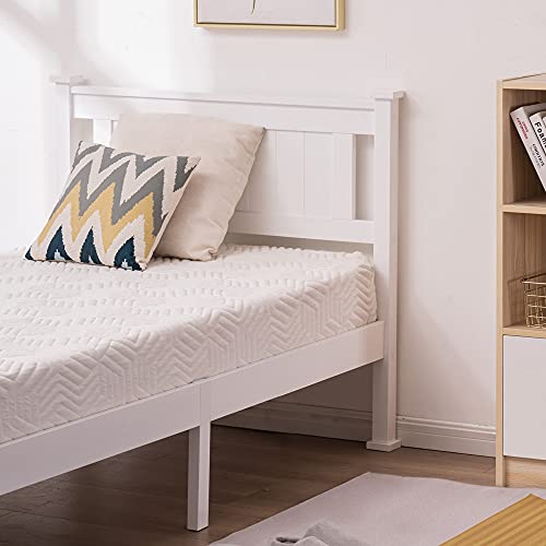 Bonnlo Twin Bed Frames With Headboard For Kids & Adults,Stylish Modern White Wood Bed Single Bed, No Box Spring Needed Panel Bed, Wood Slat Support Mattress Foundation #TOP6