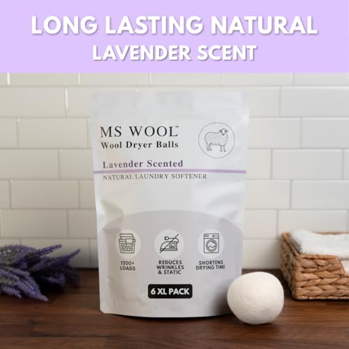 Ms Wool Lavender Scented Wool Dryer Balls – 6 XL Pack – Natural Fabric Softener, Reusable, Reduces Static, Reduces Wrinkles & Shortens Drying Time, Made W/Essential Oil, 100% Pure Wool