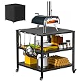 Outdoor Grill Cart Pizza Oven Stand Table with Wheels, Three-Shelf Movable Dining BBQ Food Prep and Work Cart Table, Kitchen Rolling Trolley Cart, Grill Tables for Outside with Waterproof Cover