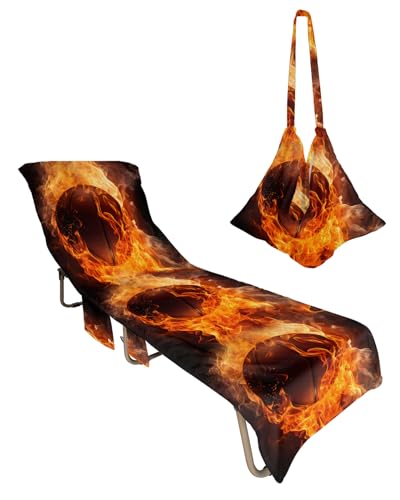 Basketball Beach Lounge Chair Towel Cover, Soft Chaise Lounge Towel with Side Pockets Patio Pool Chairs Cover for Beach/Pool Sunbathing 29x85 Basketball Modern Abstract Art Flame