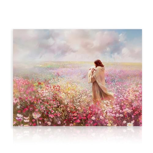 Dazzlewall Arte Cristiano de Pared, Jesus Abraza Cordero En El Campo de Flores Pintura de Impresión Para La Iglesia Dormitorio Sala de Oración Decoración 30X40 cm Sin Marco