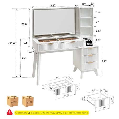 Image of T4TREAM 48 inch Fluted Makeup Vanity Desk with 36 inch Lighted Mirror, White
