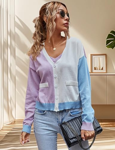 Women's Colorblock Cropped Cardigans Sweater Long Sleeve Button Front Knitted Sweaters Crop Top2