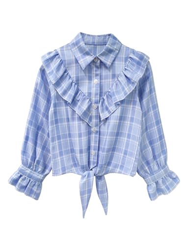 Image of Girls Sleeveless Plaid Button Down Shirt Summer Crop Tops Tie Knot Ruffle Sleeve Shirt Blouse 3-12Y