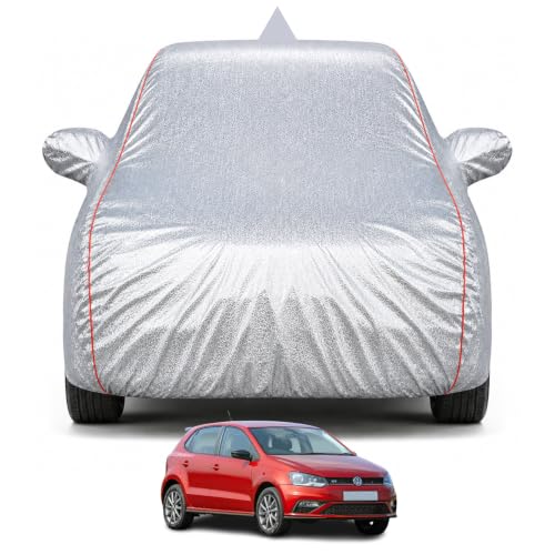 Image of Premium Car Cover for Volkswagen Polo GT Model | 100% Waterproof, UV & Dust Protection | Mirror & Antenna Pocket | Triple Stitched, Soft Inner Lining, Belt & Buckle (Metalic Silver)