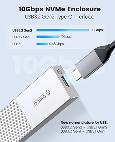 Image of ORICO Upgraded Aluminum M.2 NVMe SSD Enclosure to USB C USB 3.2 /3.1 Gen 2 (10Gbps) to NVMe PCI-E M-Key SSD External Adapter Support UASP Trim Smart (Fits NVMe SSDs 2230 /2242 /2260 /2280) -M222-Silver