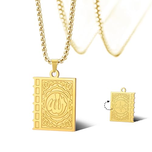SIPURIS Collier avec pendentif carré Allah sourate islam, coran, amulette musulmane, Allah, 1.06*0.79in/27*20mm, Acier inoxydable, Pas de gemme