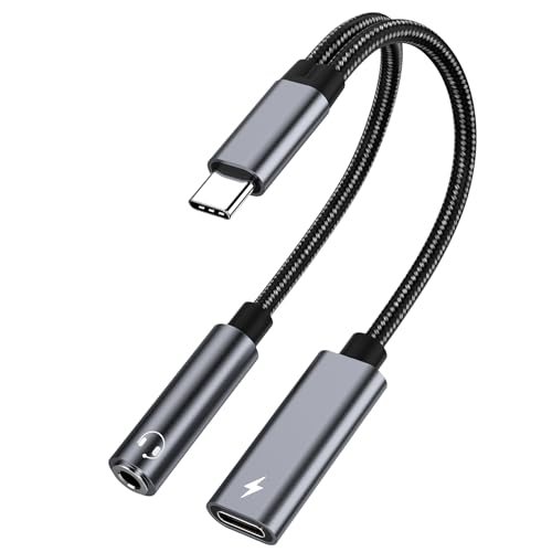 Feipu USB C to 3.5mm Headphone and Charger Adapter, 2 in 1 Jack Adapter Hi-Res DAC Fast Charging Dongle Cord Compatible with Google Pixel 5 4 3 XL, Galaxy S21/S21+ Note 10/20, Gray