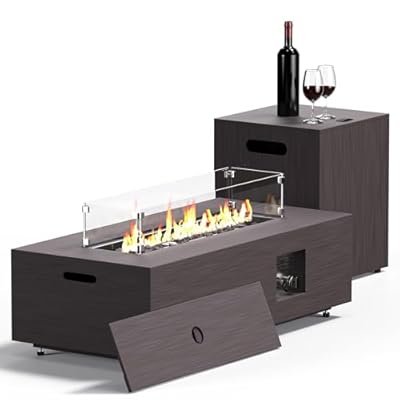 Jocoevol 42in Fire Pit Table Propane Fire Pit 2 Piece Rectangular Gas Fire Pits 50,000 BTU with Wind Guard Propane Tank Cover Table Lava Rocks for Outdoor Outside Patio