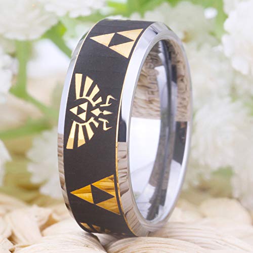 CLOUD DANCER Crest and Triforce Ring Game-Themed Laser Pattern Ring 8mm Width Gold and Silver Tone Tungsten Carbide Wedding Ring Engagement Ring-FREE Custom Engraving2