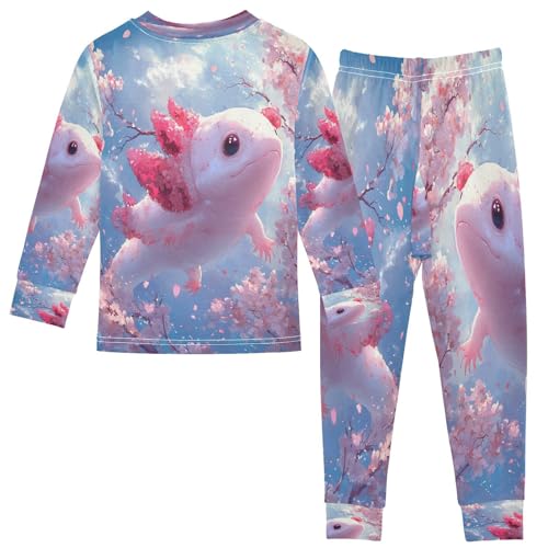 Pajama Sets Long Sleeve Kawaii Axolotl with Cherry Blossoms Soft Comfy Sleepwear 2 Piece PJS 3-8T3