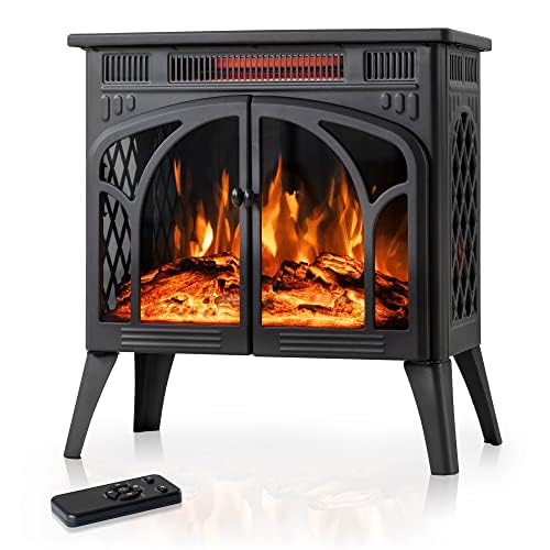 Electactic 24Inch Electric Fireplace Stove, Free-Standing Infrared Fireplace Stove, Controllable 3D Flame, 4 Variable Flame&Log Colors, 1500w, 5100BTU, Dark Green