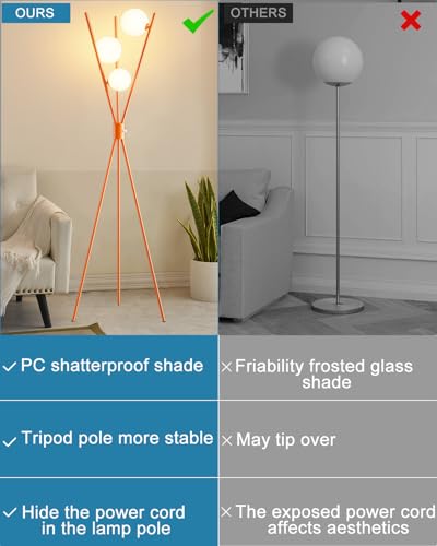Image of Lightdot Globe Standing Lamps Stepless Dimmable Tripod Floor Lamp with 3PCS 3000K Bulbs Included Stable Base Orange Mid Century Modern Floor Lamp for Living Room /Bedroom /Sofa Beside /Corner Decor