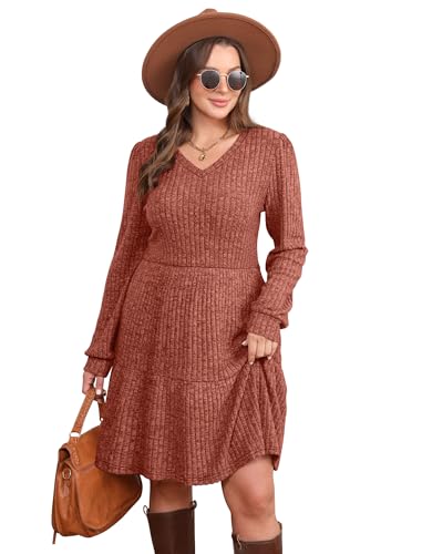 Sampeel Fall Dresses for Women 2026 Long Sleeve V Neck Casual Sweater Dress Fashion Must Have Halloween Clothes Caramel M - image 5