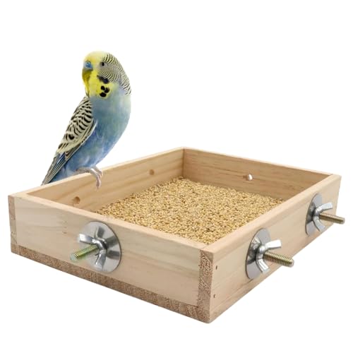 Image of Sage Square Bird Cage Wooden Feeding Bowl - Natural, Hand-Made, Sturdy & Stylish, Ideal for Birds, Parrots, Small Pets, Perfect for Food, Treats, Safe Cage Accessory (8 x 6 inch)