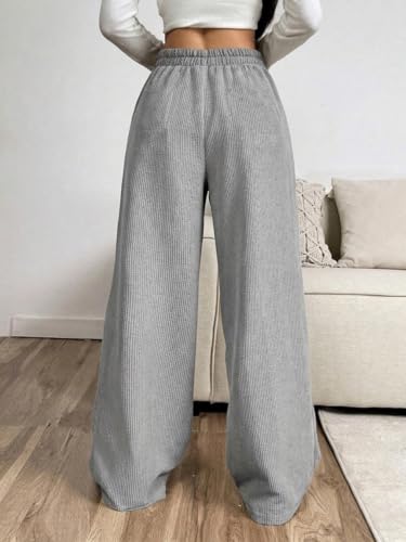 Image of Women's Trendy Korean Trouser with Pockets, Casual Corduroy Stretchable Baggy Loose || High Rise Elastic Waist Going Out Lounge Pants || Wide Leg Pants for Woman