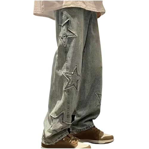 DESKABLY Men's Baggy Jeans Wide Leg Relaxed Fit Y2k Grunge Pants Plus Size Stars Patchwork High Waist Streetwear Denim Pants