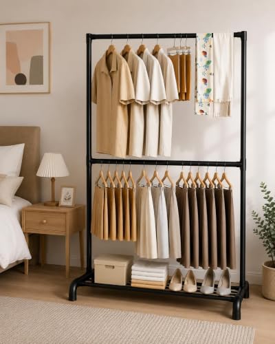 Image of ๐๐ข๐ฆ๐ ๐๐ฅ Heavy-Duty ๐ ๐ฒ๐๐ฎ๐น Hanger Stand for ๐๐น๐ผ๐๐ต๐ฒ๐ Hanging, Garment ๐ฆ๐๐ฎ๐ป๐ฑ ๐ฅ๐ฎ๐ฐ๐ธ Clothe Storage Freestanding ๐๐น๐ผ๐๐ต ๐๐ฎ๐ป๐ด๐ถ๐ป๐ด Stand for Bedroom, Entryway, Living Room