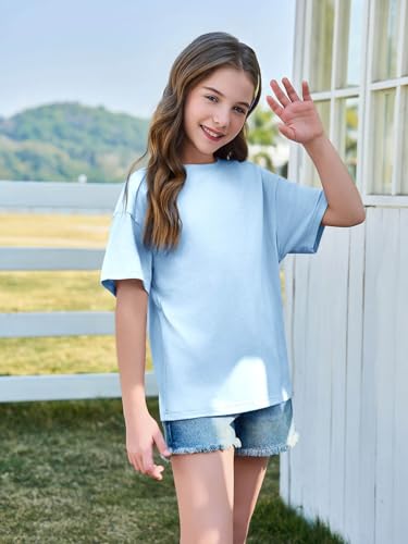 Image of Haloumoning Girls Short Sleeve T-Shirts | Kids, Summer,Girls shirts,Oversized t shirts,Girls T-Shirts,Oversized Tops, Casual Crewneck, Basic Tees 5-14Y