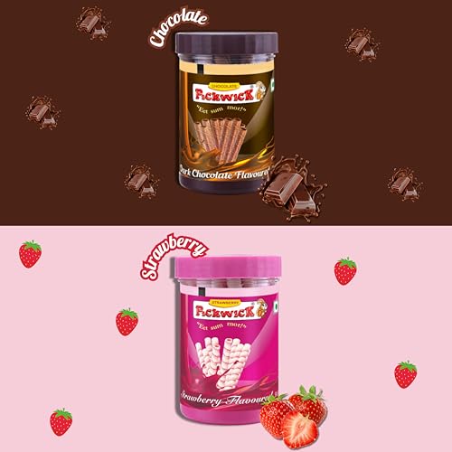 Image of PICKWICK Chocolate & Strawberry Flavoured Wafer Rolls - Combo Pack, 150gm x 2 Jar | Indulge in our crispy, cream biscuit snacks-perfect for both kids and adults.