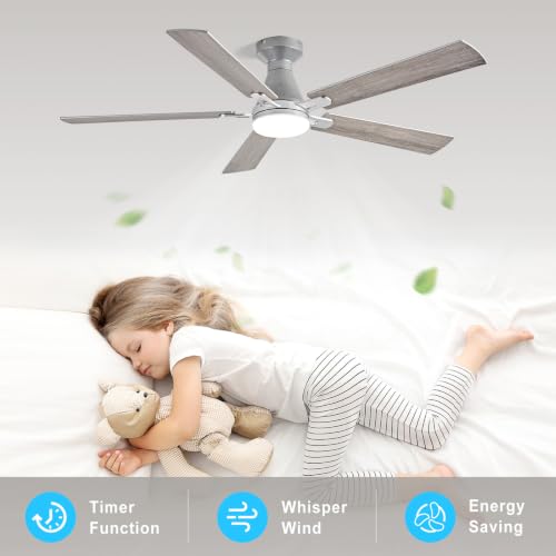 Image of Depuley Modern Ceiling Fan with Light: 52-Inch Nickel Flush Mount Fandelier | Bedroom Indoor Outdoor Use, 5 Reversible Wood Blades, 6 Fan Speeds, Timing Function, Dimmable 3CCT, Remote Control Included