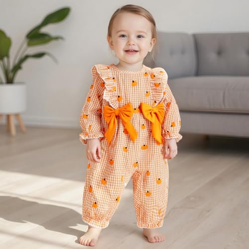Newborn Baby Girl Halloween Outfit Doll Collar Pumpkin Jumpsuit Romper Ruffle Sleeve Bodysuit Long Overalls with Bow4