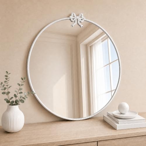 Image of 24 Inch White Circle Mirror Round Wall Mirror Vintage Bow Mirror Decor