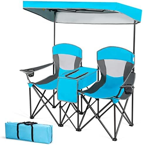 MIDDOW SILKYDRY Double Camping Chairs, Folding Loveseat Camp Chairs w/Adjustable UV Protection Shade, Cup Holders, Cooler & Carry 28.5D x 65.5W x 59.5H in