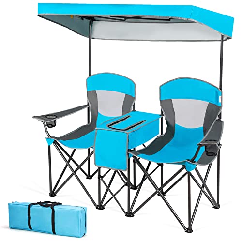 Middow Silkydry Double Camping Chairs, Folding Loveseat Camp Chairs W/Adjustable Uv Protection Shade, Cup Holders, Cooler & Carry 28.5D X 65.5W X 59.5H In #TOP26