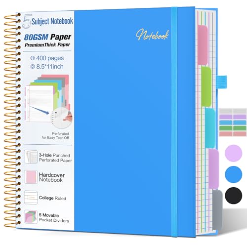 Carnet ligné 5 sujets en papier premium 80g avec couverture rigide bleue